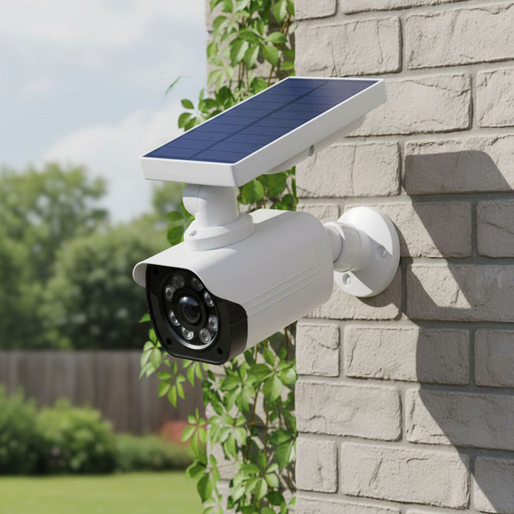 Kamera Attrappe mit LED-Licht Überwachungskamera PIR-Bewegungsmelder Dummy Kamera Solarbetrieben Geeignet für Außenbereich IP66 Wasserdicht