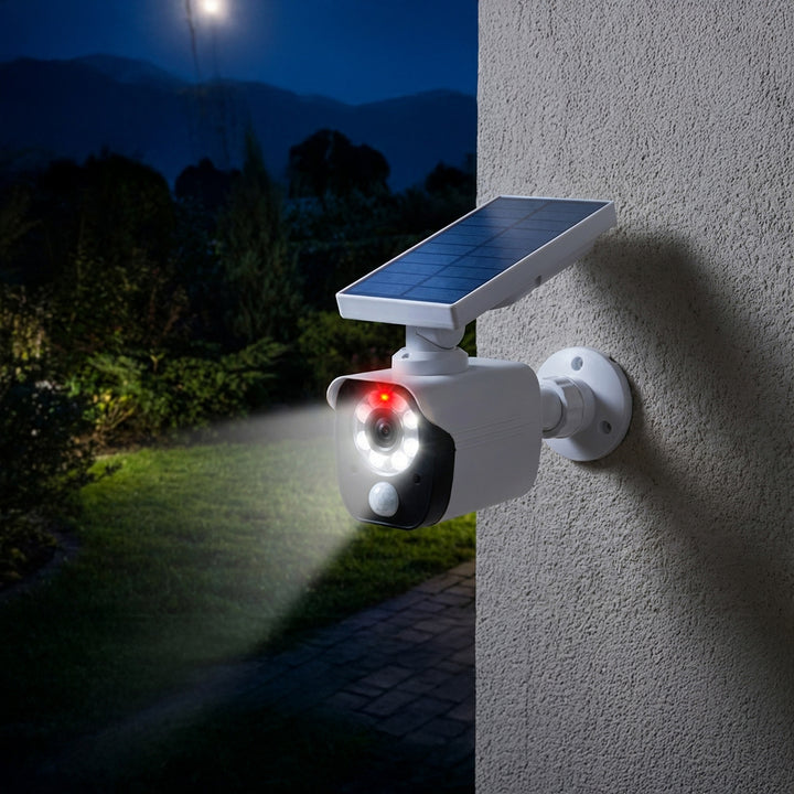Kamera Attrappe mit LED-Licht Überwachungskamera PIR-Bewegungsmelder Dummy Kamera Solarbetrieben Geeignet für Außenbereich IP66 Wasserdicht
