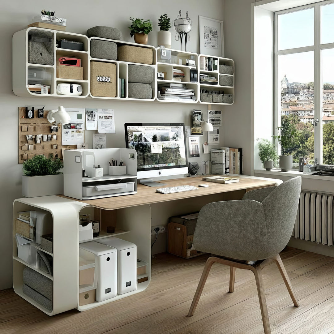 Schreibtisch-Organizer mit kabelloser Qi Aufladung, Schublade und Buchstütze Organizer für Büroutensilien Qi Ladestation Büro-Organizer Büroablage bis 10kg Weiß