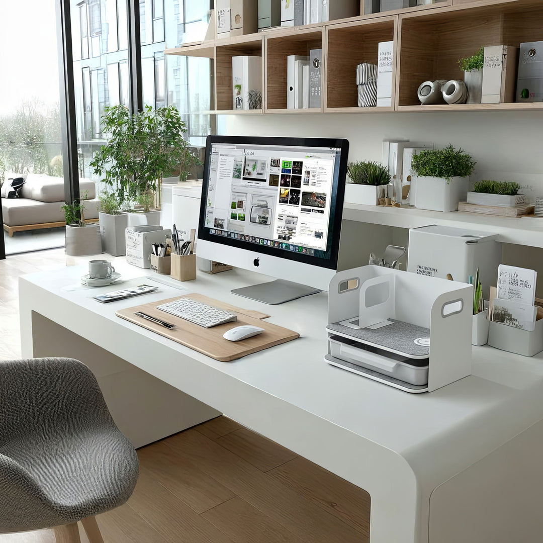 Schreibtisch-Organizer mit kabelloser Qi Aufladung, Schublade und Buchstütze Organizer für Büroutensilien Qi Ladestation Büro-Organizer Büroablage bis 10kg Weiß