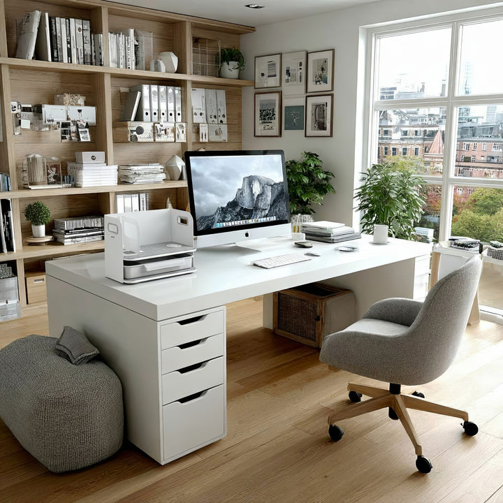 Schreibtisch-Organizer mit kabelloser Qi Aufladung, Schublade und Buchstütze Organizer für Büroutensilien Qi Ladestation Büro-Organizer Büroablage bis 10kg Weiß