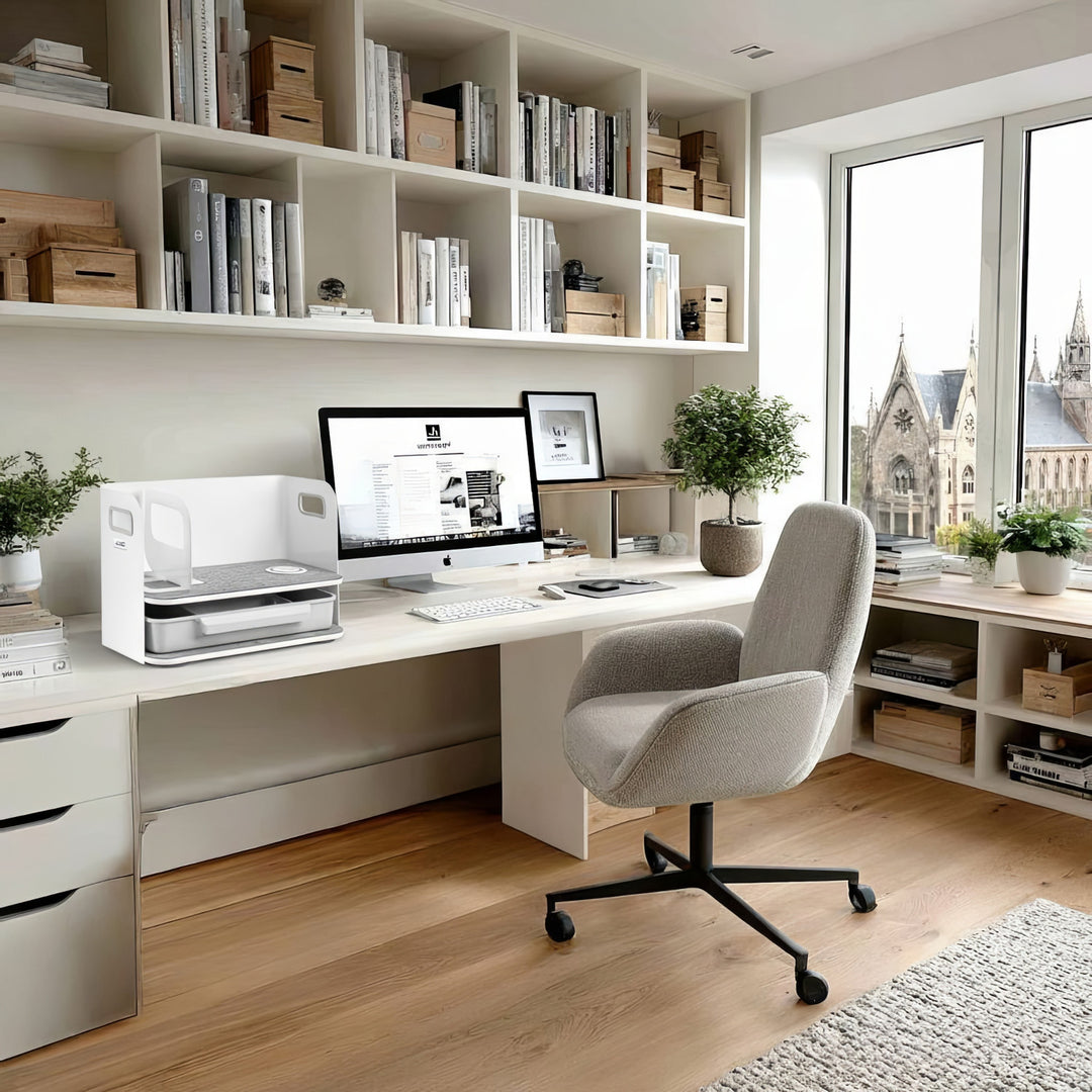 Schreibtisch-Organizer mit kabelloser Qi Aufladung, Schublade und Buchstütze Organizer für Büroutensilien Qi Ladestation Büro-Organizer Büroablage bis 10kg Weiß