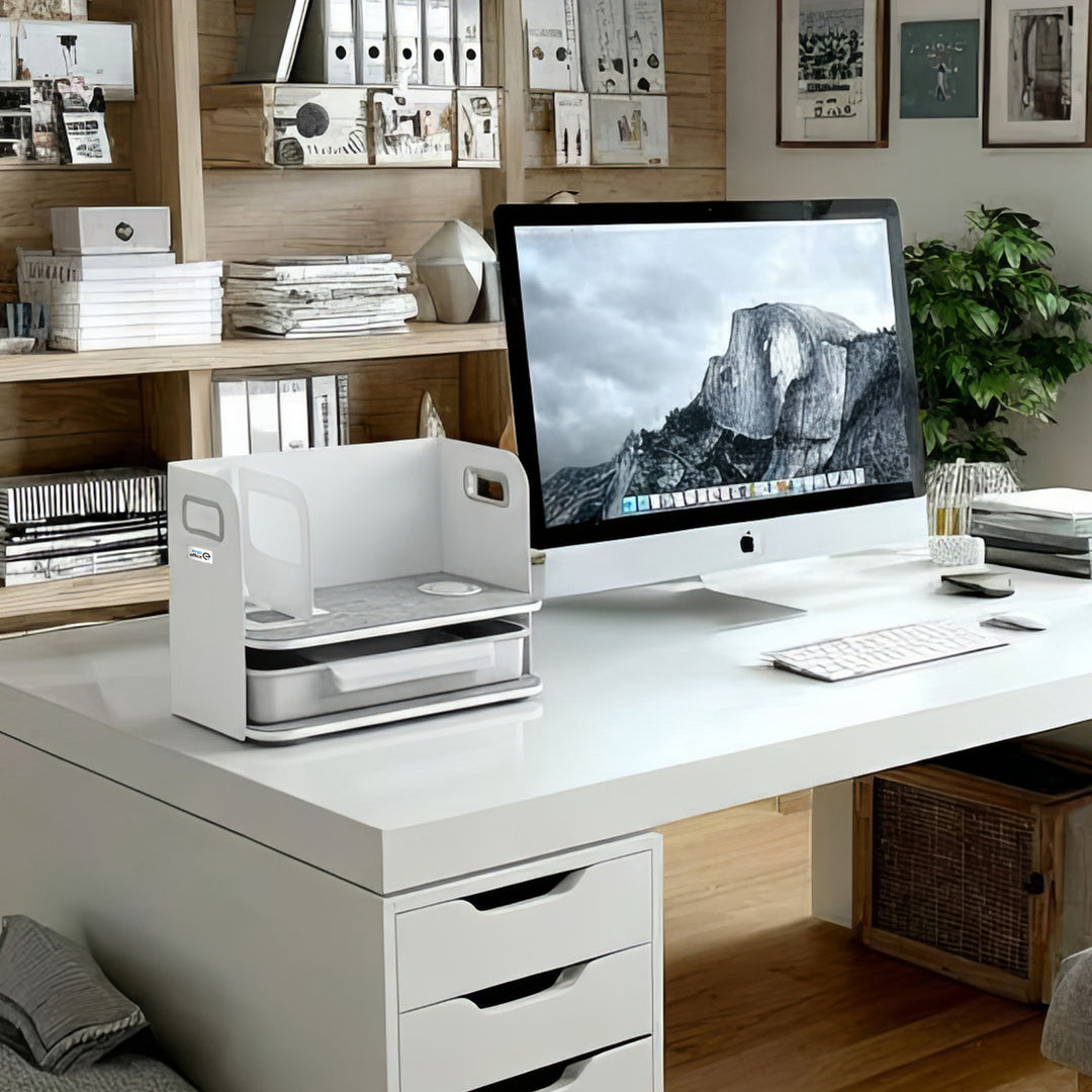 Schreibtisch-Organizer mit kabelloser Qi Aufladung, Schublade und Buchstütze Organizer für Büroutensilien Qi Ladestation Büro-Organizer Büroablage bis 10kg Weiß