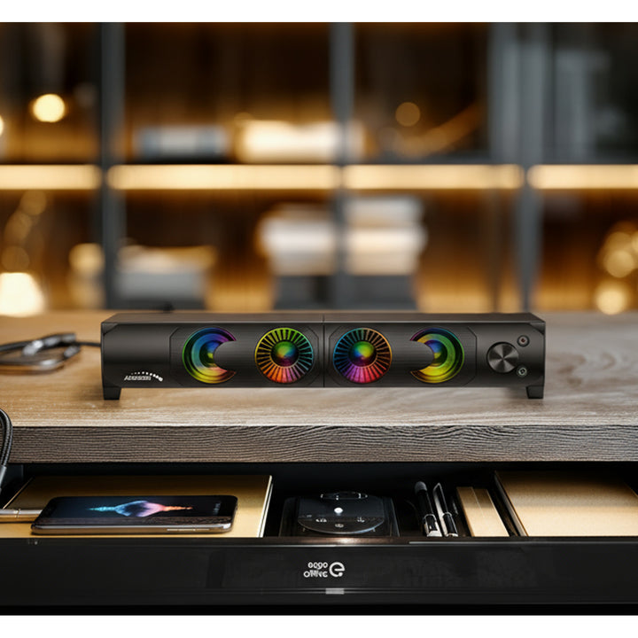 2 in 1 2.0 PC-Lautsprecher mit Soundbar Funktion RGB-Hintergrundbeleuchtung Stereo-Lautsprecher 2x3W RMS AUX 3,5 mm USB-Stromversorgung