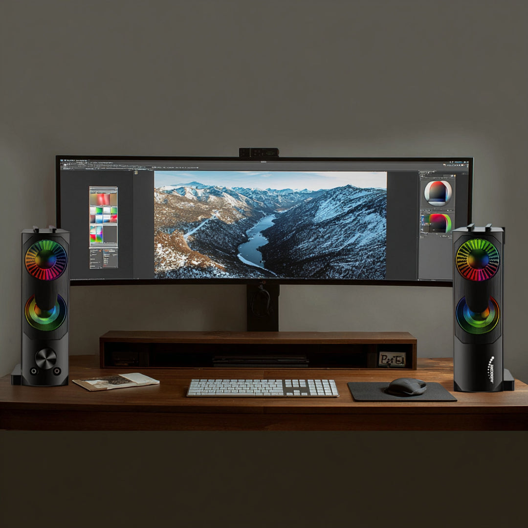 2 in 1 2.0 PC-Lautsprecher mit Soundbar Funktion RGB-Hintergrundbeleuchtung Stereo-Lautsprecher 2x3W RMS AUX 3,5 mm USB-Stromversorgung