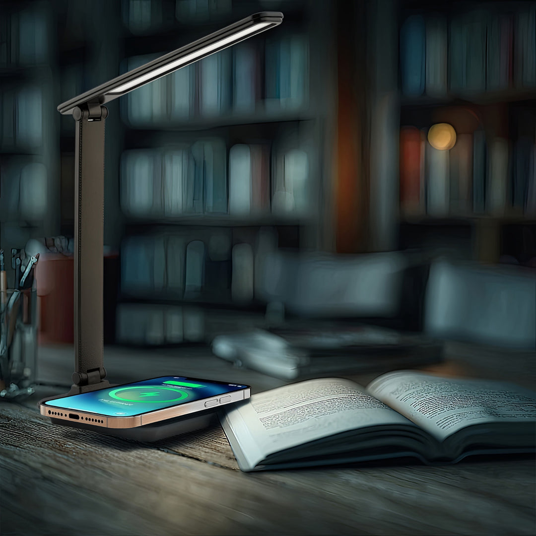 Dimmbare LED Schreibtischlampe Schreibtischleuchte Tischlampe 9W mit Induktion Qi-Ladegerät