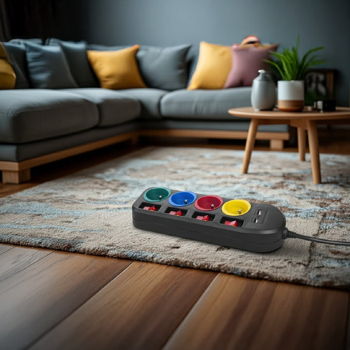 Maclean Steckdosenleiste, 4-Steckdosen-Verlängerungskabel + 2xUSB, mit Schalter, 250VAC/10A, 2,1A 5V, 1,5m, schwarz, MCE229 B