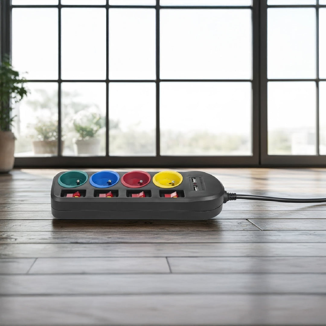 Maclean Steckdosenleiste, 4-Steckdosen-Verlängerungskabel + 2xUSB, mit Schalter, 250VAC/10A, 2,1A 5V, 1,5m, schwarz, MCE229 B