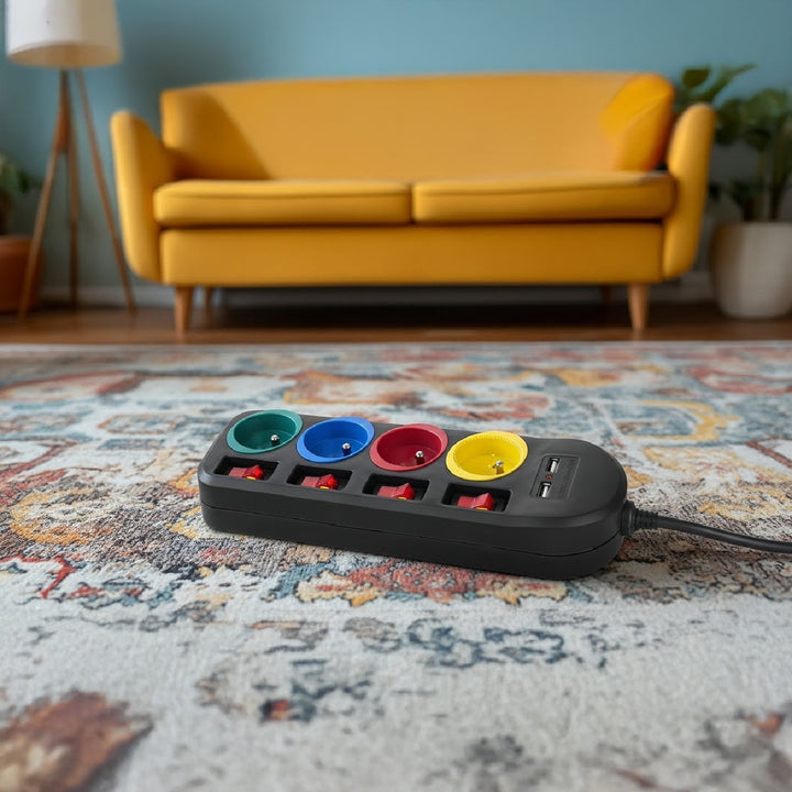 Maclean Steckdosenleiste, 4-Steckdosen-Verlängerungskabel + 2xUSB, mit Schalter, 250VAC/10A, 2,1A 5V, 1,5m, schwarz, MCE229 B