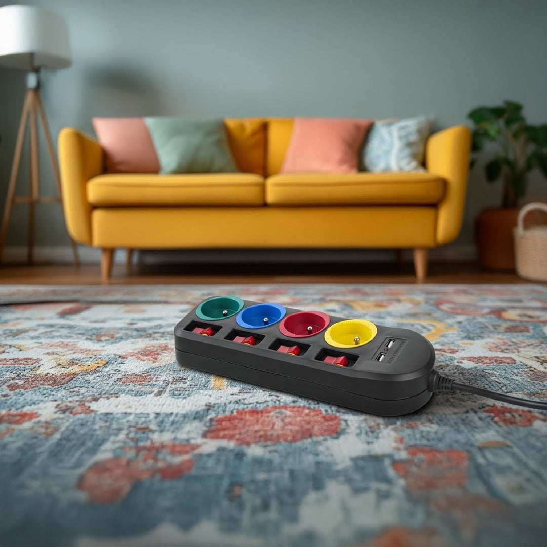 Maclean Steckdosenleiste, 4-Steckdosen-Verlängerungskabel + 2xUSB, mit Schalter, 250VAC/10A, 2,1A 5V, 1,5m, schwarz, MCE229 B