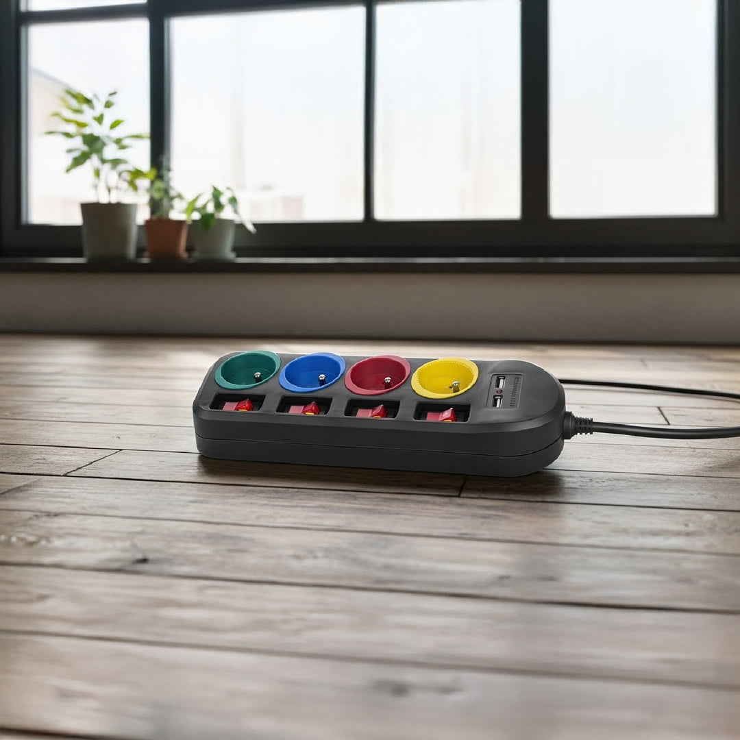 Maclean Steckdosenleiste, 4-Steckdosen-Verlängerungskabel + 2xUSB, mit Schalter, 250VAC/10A, 2,1A 5V, 1,5m, schwarz, MCE229 B