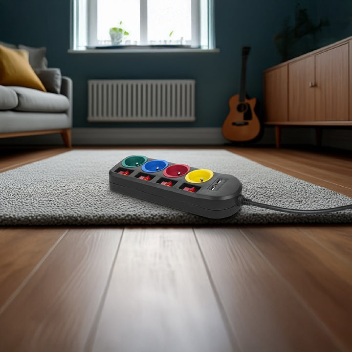 Maclean Steckdosenleiste, 4-Steckdosen-Verlängerungskabel + 2xUSB, mit Schalter, 250VAC/10A, 2,1A 5V, 1,5m, schwarz, MCE229 B