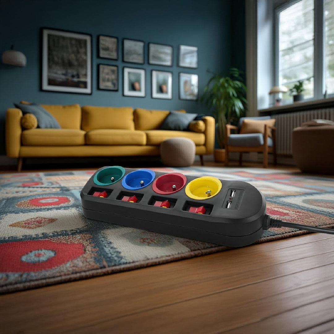 Maclean Steckdosenleiste, 4-Steckdosen-Verlängerungskabel + 2xUSB, mit Schalter, 250VAC/10A, 2,1A 5V, 1,5m, schwarz, MCE229 B