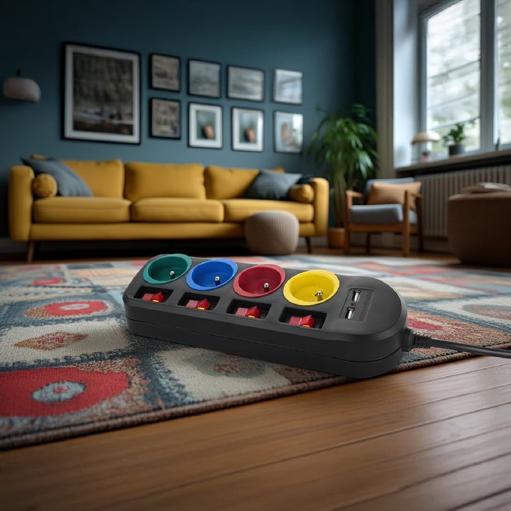 Maclean Steckdosenleiste, 4-Steckdosen-Verlängerungskabel + 2xUSB, mit Schalter, 250VAC/10A, 2,1A 5V, 1,5m, schwarz, MCE229 B