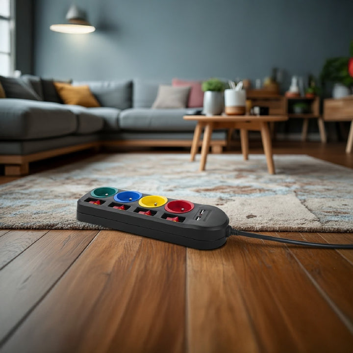 Maclean Steckdosenleiste, 4-Steckdosen-Verlängerungskabel + 2xUSB, mit Schalter, 250VAC/10A, 2,1A 5V, 1,5m, schwarz, MCE229 B