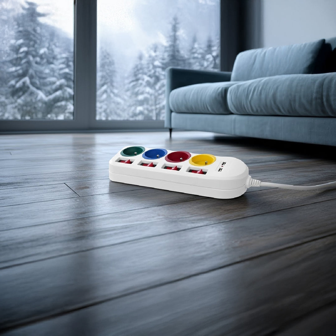 Maclean Steckdosenleiste, 4-Steckdosen-Verlängerungskabel + 2xUSB, mit Schalter, 250VAC/10A, 2,1A 5V, 1,5m, weiß, MCE229 W