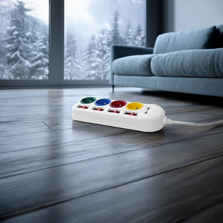 Maclean Steckdosenleiste, 4-Steckdosen-Verlängerungskabel + 2xUSB, mit Schalter, 250VAC/10A, 2,1A 5V, 1,5m, weiß, MCE229 W