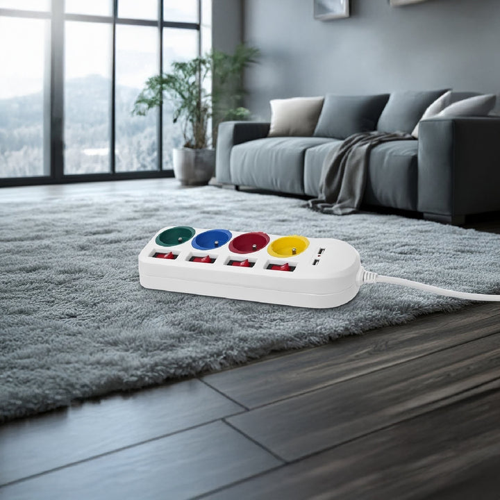 Maclean Steckdosenleiste, 4-Steckdosen-Verlängerungskabel + 2xUSB, mit Schalter, 250VAC/10A, 2,1A 5V, 1,5m, weiß, MCE229 W