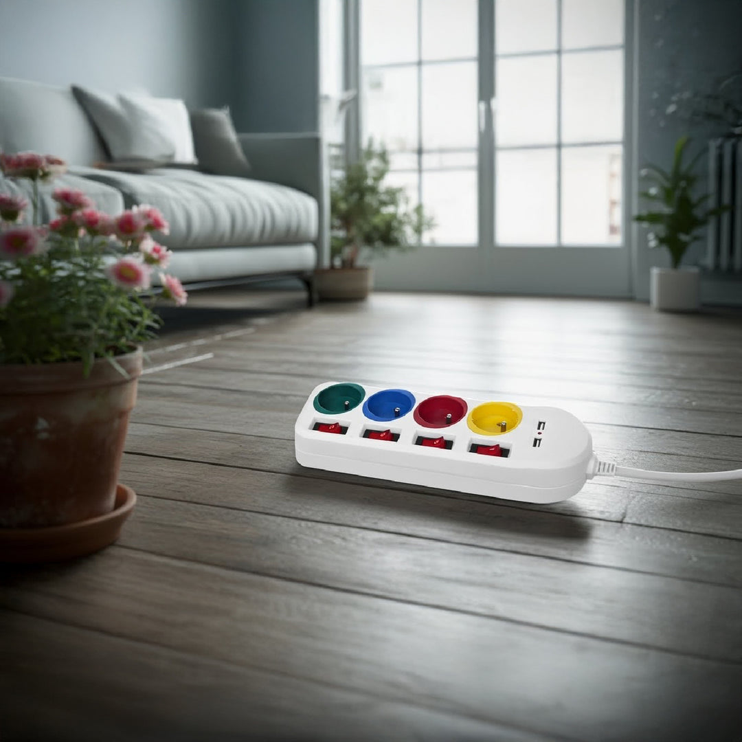 Maclean Steckdosenleiste, 4-Steckdosen-Verlängerungskabel + 2xUSB, mit Schalter, 250VAC/10A, 2,1A 5V, 1,5m, weiß, MCE229 W