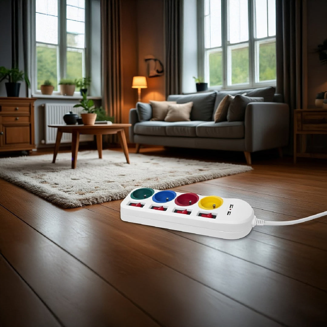 Maclean Steckdosenleiste, 4-Steckdosen-Verlängerungskabel + 2xUSB, mit Schalter, 250VAC/10A, 2,1A 5V, 1,5m, weiß, MCE229 W