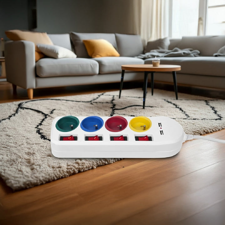 Maclean Steckdosenleiste, 4-Steckdosen-Verlängerungskabel + 2xUSB, mit Schalter, 250VAC/10A, 2,1A 5V, 1,5m, weiß, MCE229 W