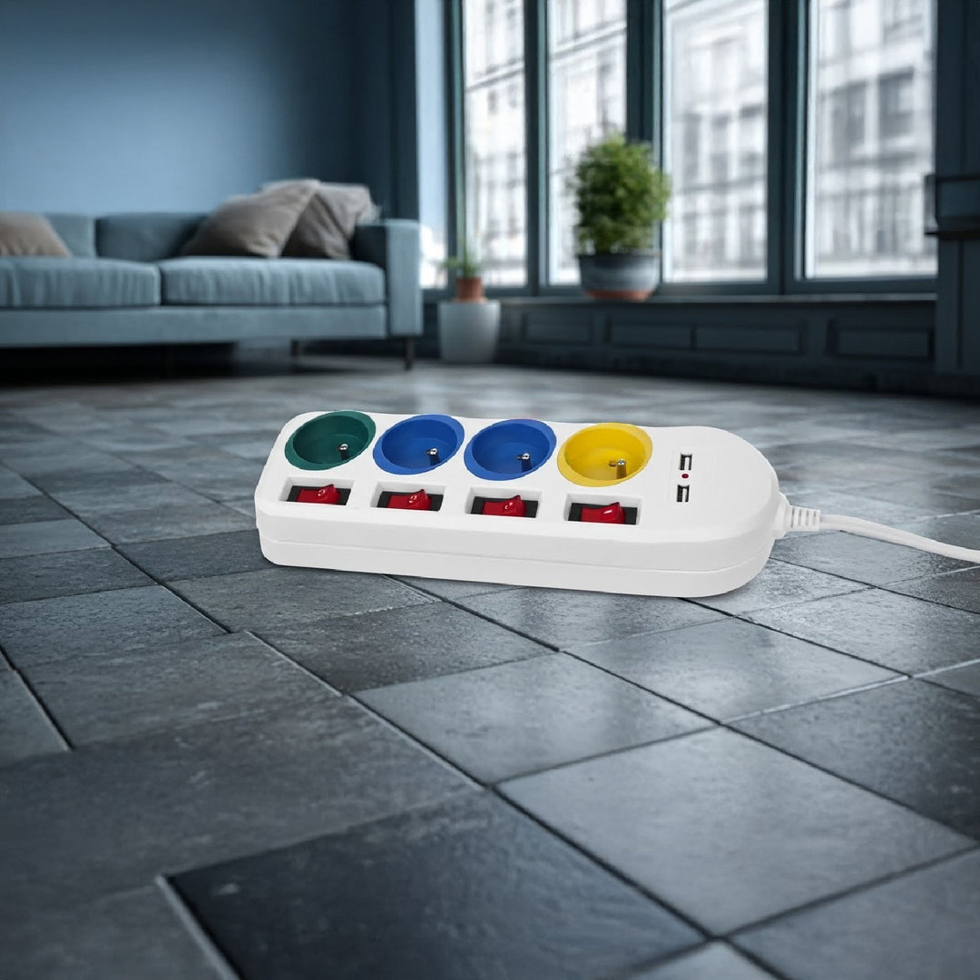 Maclean Steckdosenleiste, 4-Steckdosen-Verlängerungskabel + 2xUSB, mit Schalter, 250VAC/10A, 2,1A 5V, 1,5m, weiß, MCE229 W