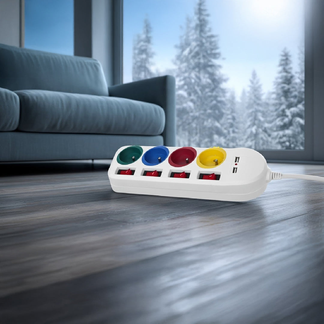 Maclean Steckdosenleiste, 4-Steckdosen-Verlängerungskabel + 2xUSB, mit Schalter, 250VAC/10A, 2,1A 5V, 1,5m, weiß, MCE229 W