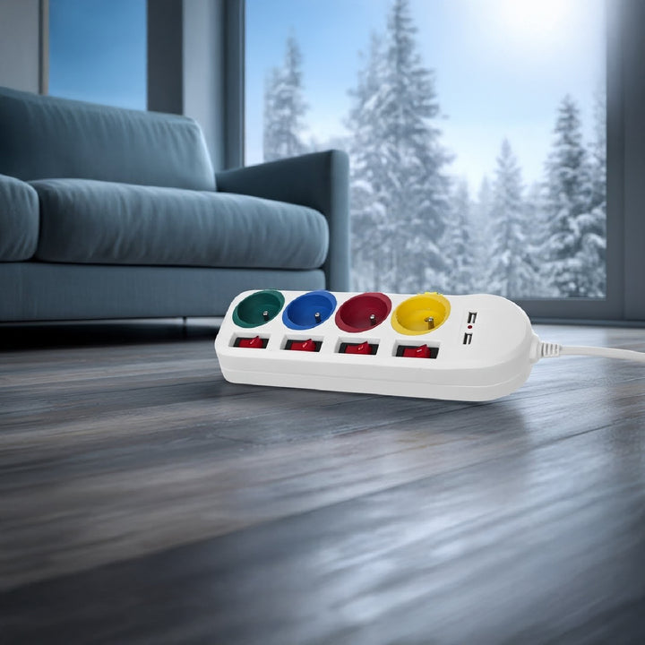 Maclean Steckdosenleiste, 4-Steckdosen-Verlängerungskabel + 2xUSB, mit Schalter, 250VAC/10A, 2,1A 5V, 1,5m, weiß, MCE229 W