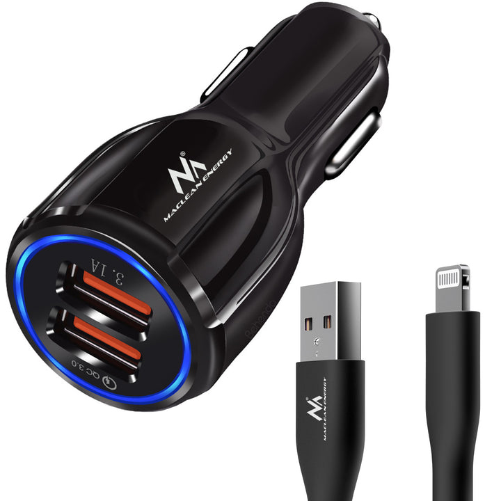 Maclean Autoladegerät, Qualcomm Quick Charge, QC 3.0 - 5V/3A, 9V/1.8A, 12V/1.6A, 5V/3.1A Steckdose mit USB Lightning Kabel