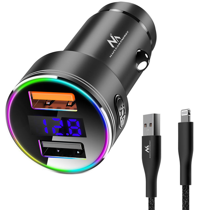 Maclean Autoladegerät, mit Display, Aluminium, Voltmeter, USB 1x QC 3.0, USB 1x 5V/2.4A, RGB LED, MCE375 + USB Lightning Kabel MCE945B