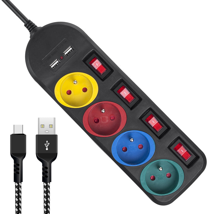 Maclean Steckdosenleiste, 4-Steckdosen-Verlängerungskabel + 2xUSB, mit Schalter, 250VAC/10A, 2,1A 5V, 1,5m, weiß, MCE229B + USB-Kabel MCE471