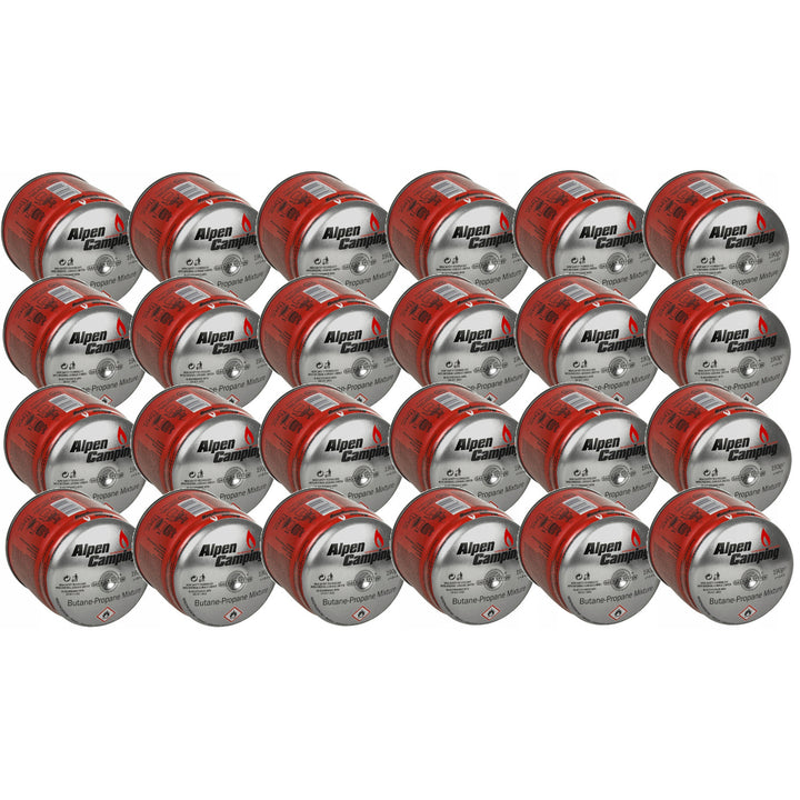 24x Alpen Camping 400ml Gaskartusche, Zertifikat: Pi 0437, entspricht EN417, Propan-Butan, Bereich -10°c bis + 40°c, GAS STOP System IK006
