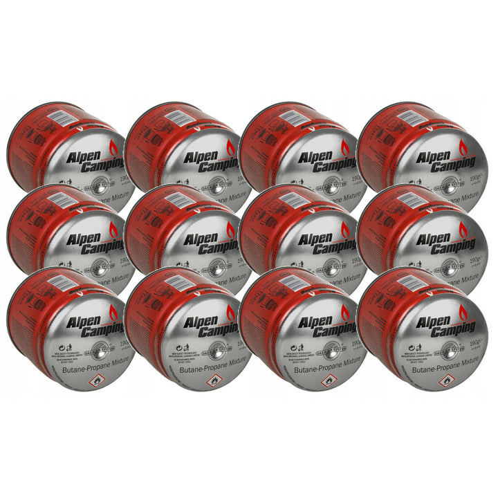 12x Alpen Camping 400ml Gaskartusche, Zertifikat: Pi 0437, entspricht EN417, Propan-Butan, Bereich -10°c bis + 40°c, GAS STOP System IK006