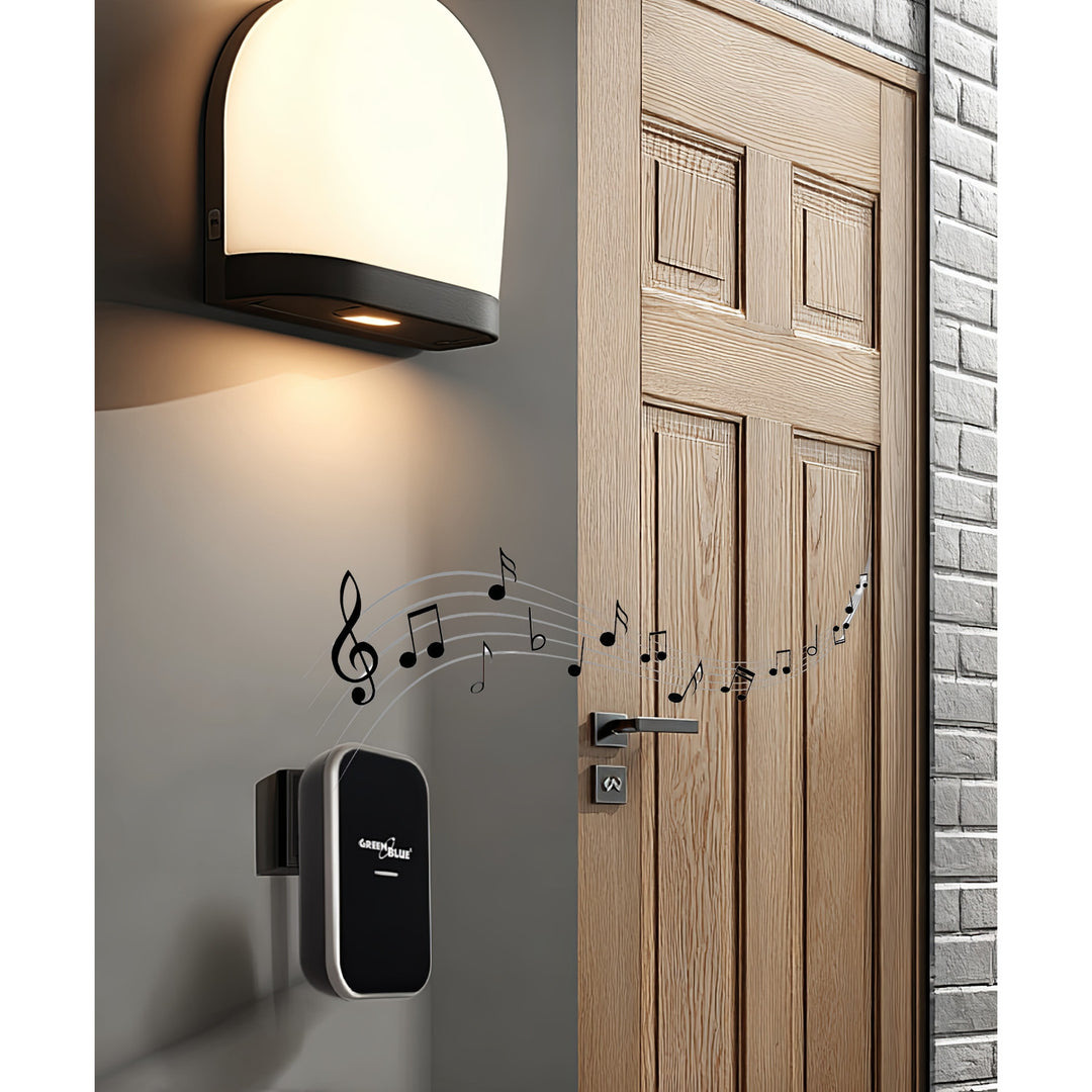 Kabellose Türklingel Kabelloses, batterieloses, Kinetisches Klingelsystem mit 38 Melodien, Reichweite bis zu 200 m, IP44 (1x Steckdosen-Empfänger + 1x Sender/Schwarz)