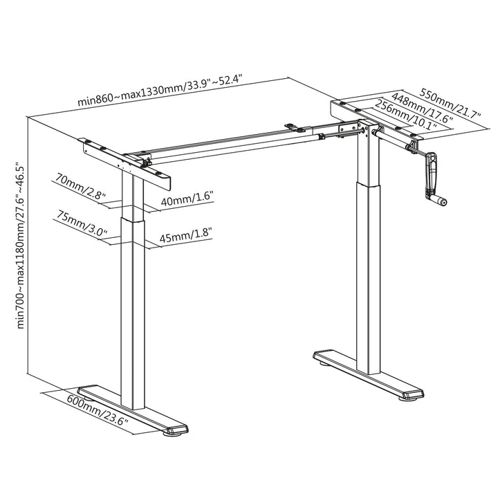 Maclean-Schreibtisch, manuelle Höhenverstellung, ohne Platte, zum Stehen und Sitzen, max. 60kg, max. Höhe 120cm, MC-790NG