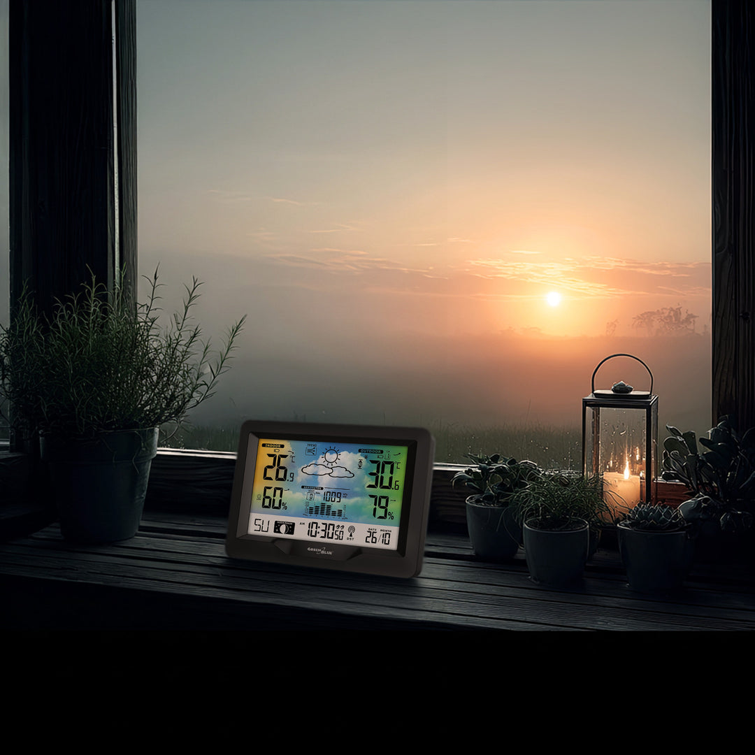 GreenBlue Funkwetterstation, Farbe, mit DCF, Mondphasen, Barometer, Kalender, Netzteil, GB540N