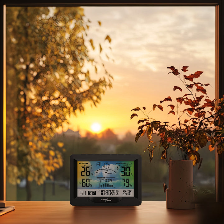 GreenBlue Funkwetterstation, Farbe, mit DCF, Mondphasen, Barometer, Kalender, Netzteil, GB540N
