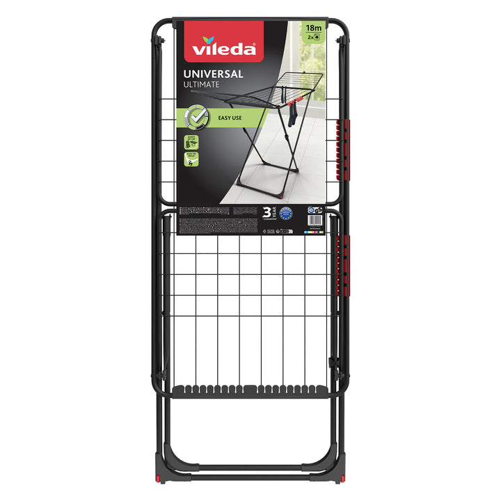 Vileda Universal Ultimate Wäscheständer aus Stahl, 18 m Trockenleinenlänge, mit Rollen, Schwarz