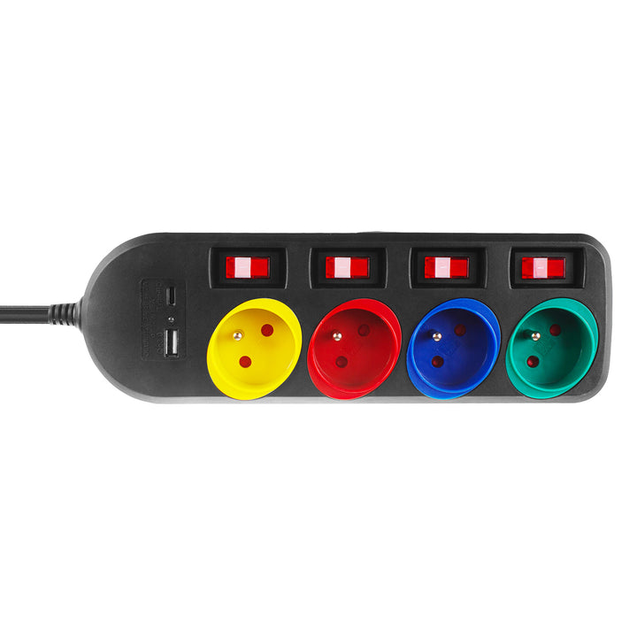 Maclean Steckdosenleiste, 4-poliges Verlängerungskabel + USB A/C, mit Schalter, 250VAC/10A, 1,5m, schwarz, MCE508 B