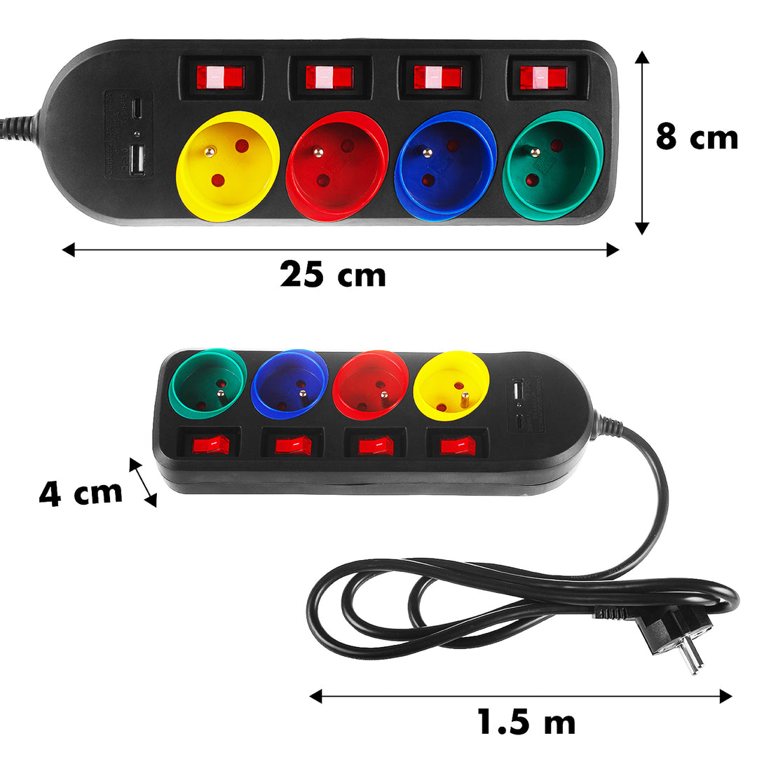 Maclean Steckdosenleiste, 4-poliges Verlängerungskabel + USB A/C, mit Schalter, 250VAC/10A, 1,5m, schwarz, MCE508 B