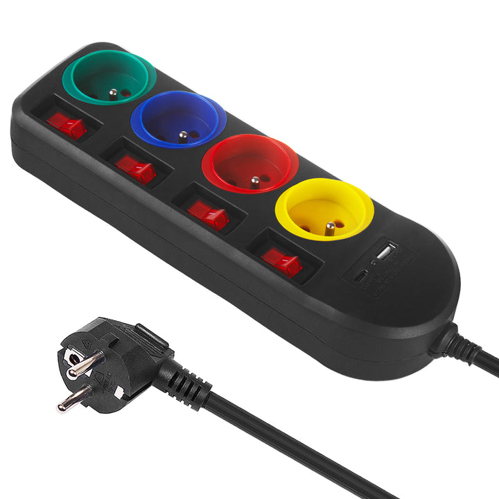 Maclean Steckdosenleiste, 4-poliges Verlängerungskabel + USB A/C, mit Schalter, 250VAC/10A, 1,5m, schwarz, MCE508 B