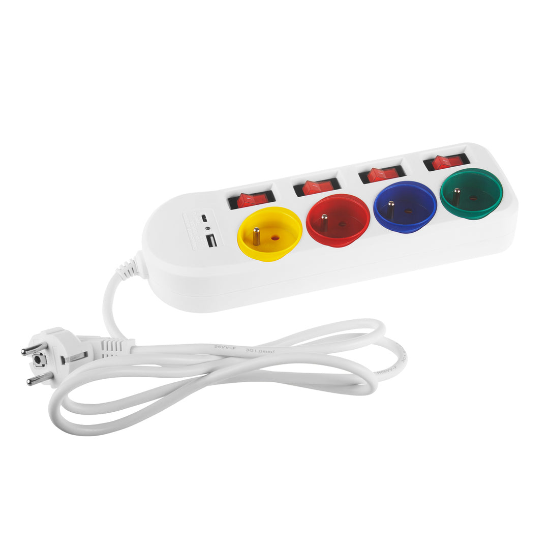 Maclean Steckdosenleiste, 4-Steckdosen-Verlängerungskabel + USB A / C, mit Schalter, 250VAC/10A, 1,5m, weiß, MCE508 W