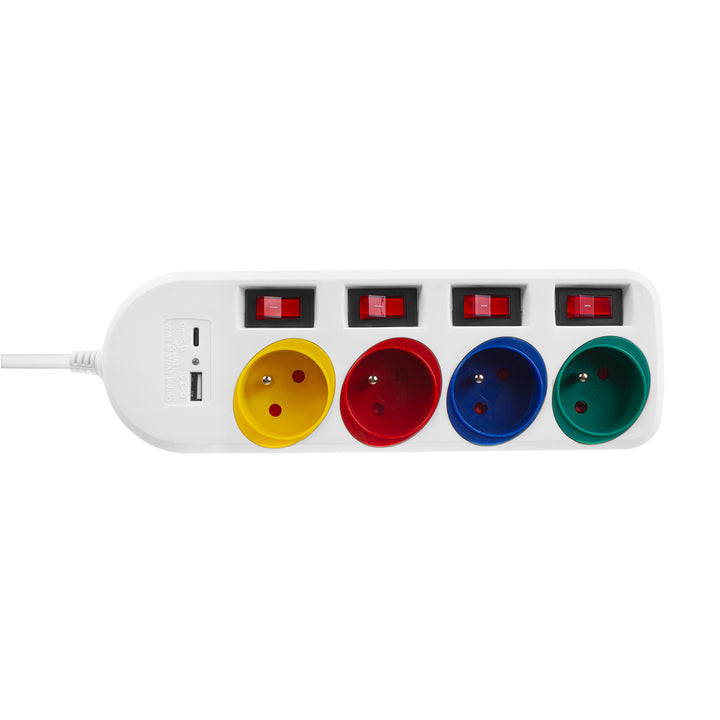 Maclean Steckdosenleiste, 4-Steckdosen-Verlängerungskabel + USB A / C, mit Schalter, 250VAC/10A, 1,5m, weiß, MCE508 W