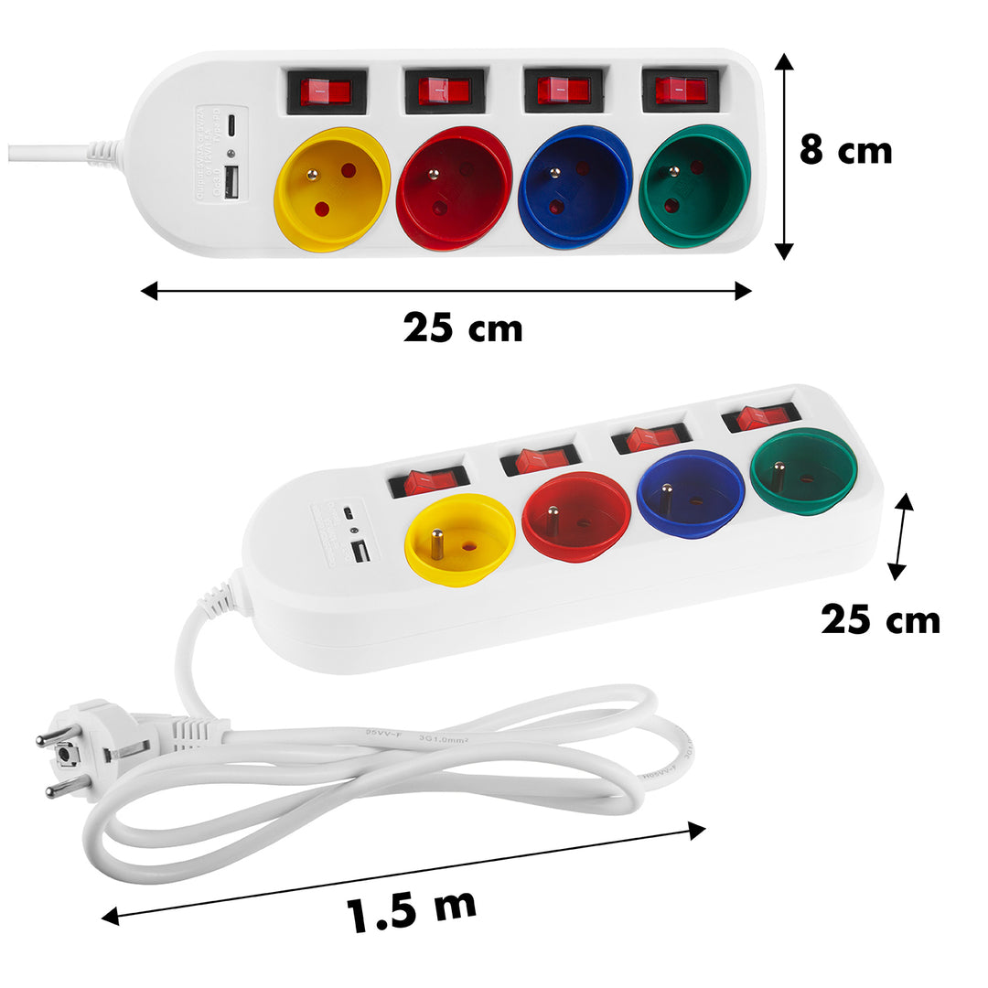 Maclean Steckdosenleiste, 4-Steckdosen-Verlängerungskabel + USB A / C, mit Schalter, 250VAC/10A, 1,5m, weiß, MCE508 W