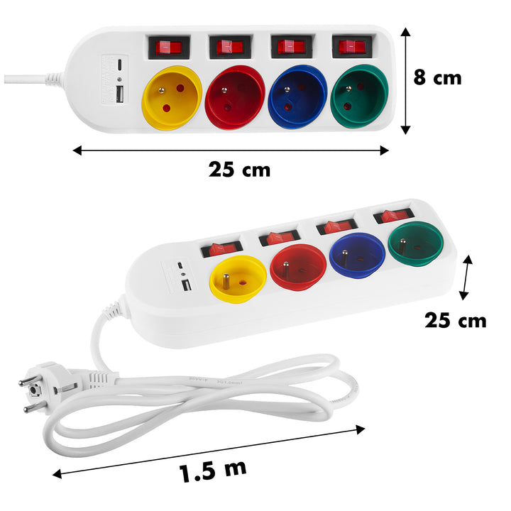 Maclean Steckdosenleiste, 4-Steckdosen-Verlängerungskabel + USB A / C, mit Schalter, 250VAC/10A, 1,5m, weiß, MCE508 W