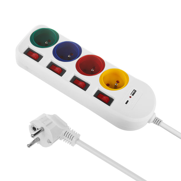 Maclean Steckdosenleiste, 4-Steckdosen-Verlängerungskabel + USB A / C, mit Schalter, 250VAC/10A, 1,5m, weiß, MCE508 W