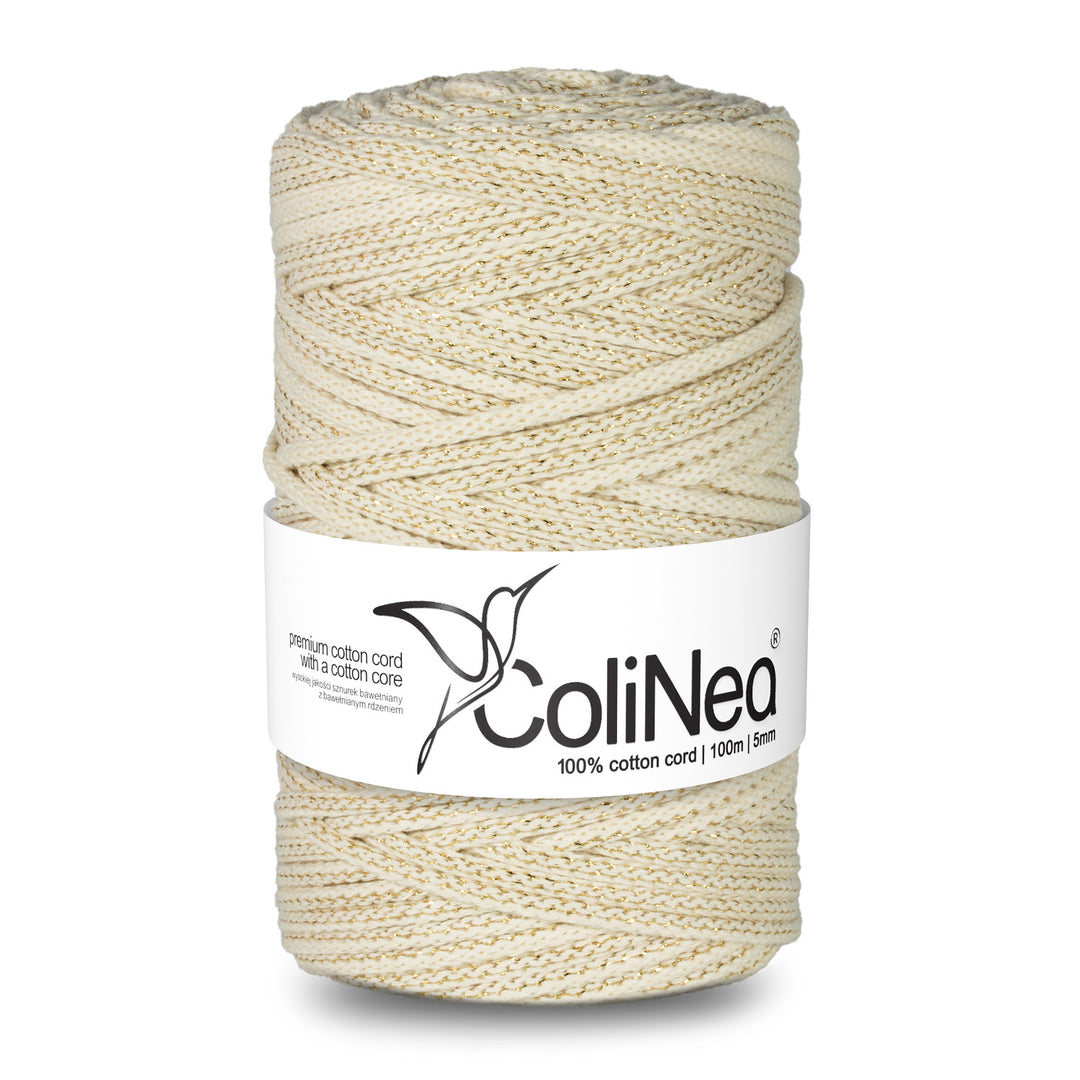 ColiNea, Baumwollkordel mit Baumwollkern, geflochten, 5mm, 100m, elfenbeinfarben mit Goldfaden