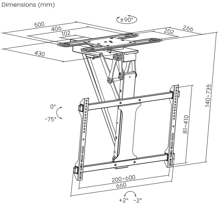 Maclean elektrische Deckenhalterung für TV, TUYA-Unterstützung, max VESA 600x400, 90st schwenkbar, 32"-75", 35kg, MC-490