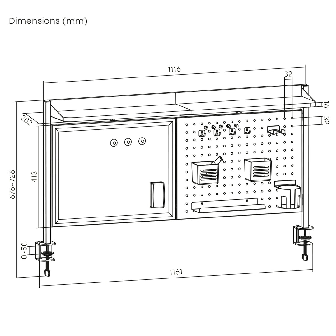Schreibtischteiler / Organizer Ergo Office, max. Belastung 10kg, weiße Tafel, Breite 1116mm, weiß, ER-301 W
