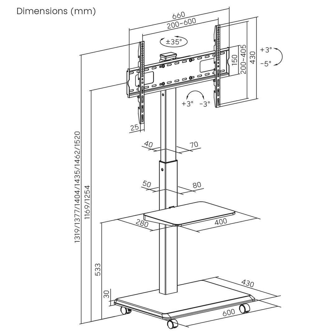 TV-Ständer / Wagen Ergo-Office, Tragfähigkeit 50kg / 5kg Ablagefläche, max. VESA 600x400, integrierte Steckdosenleiste, schwarz, ER-304 B